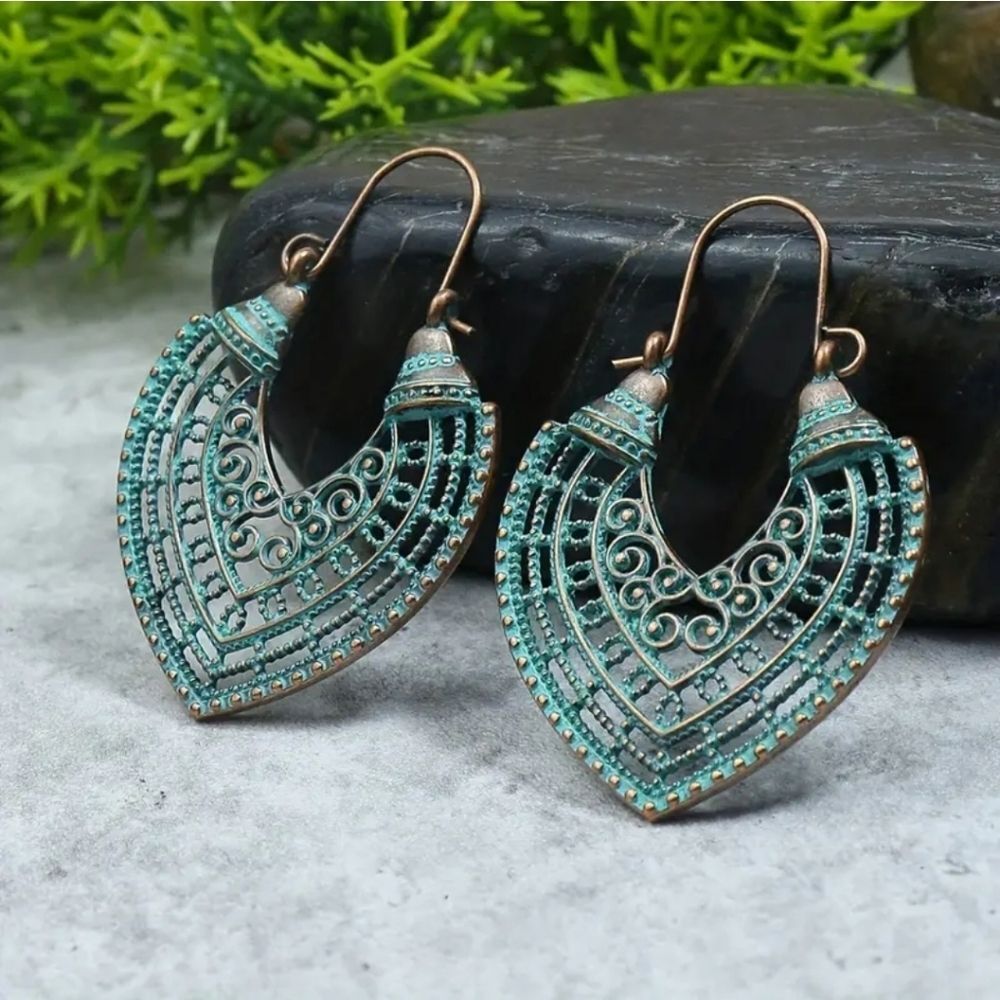 Copper turquoise tribal Filigree earrings boho ethnic design
